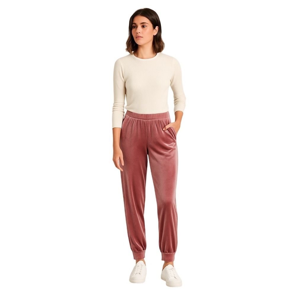 Womens Velvet Jogger Pants Elastic Waist Comfort Loungewear Dusty Rose Pink sz L